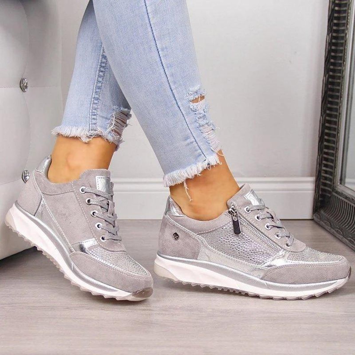 Women's Orthopedic Comfort Sneakers Lace-Up Zipper Platform Trainers