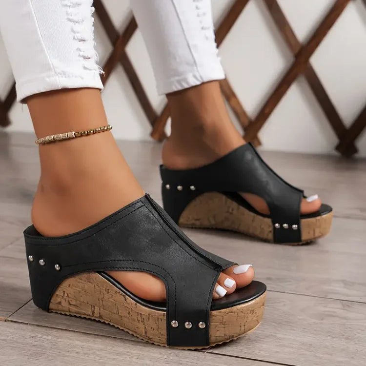 Women's Orthopedic Cork-Sole Platform Wedge Sandals - Black