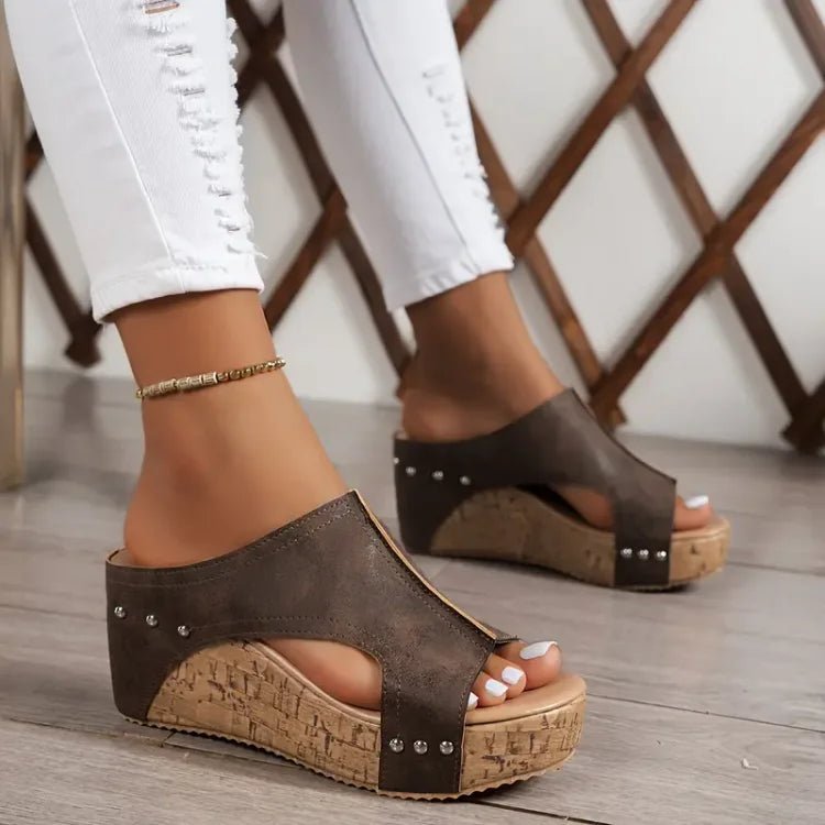 Women's Orthopedic Cork-Sole Platform Wedge Sandals - Brown