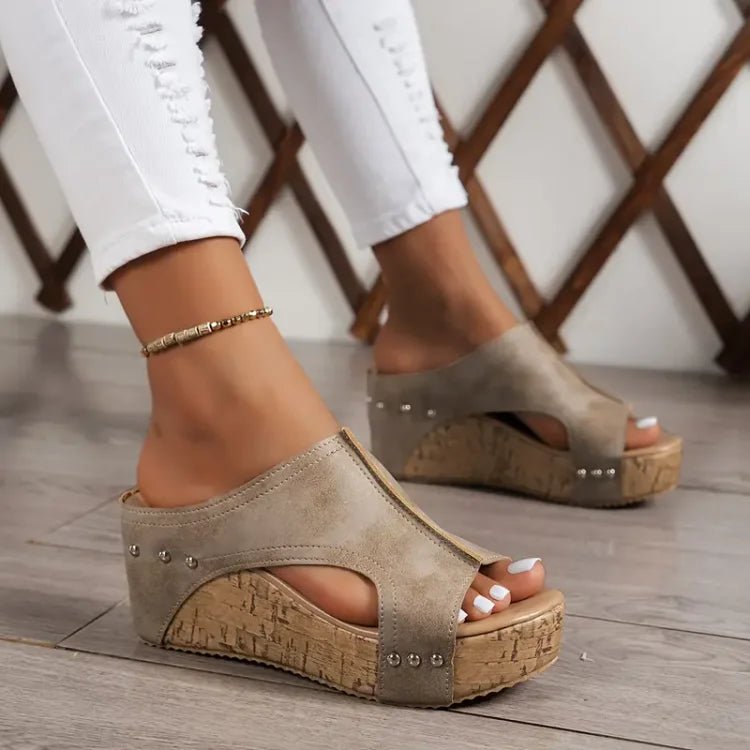 Women's Orthopedic Cork-Sole Platform Wedge Sandals - Beige