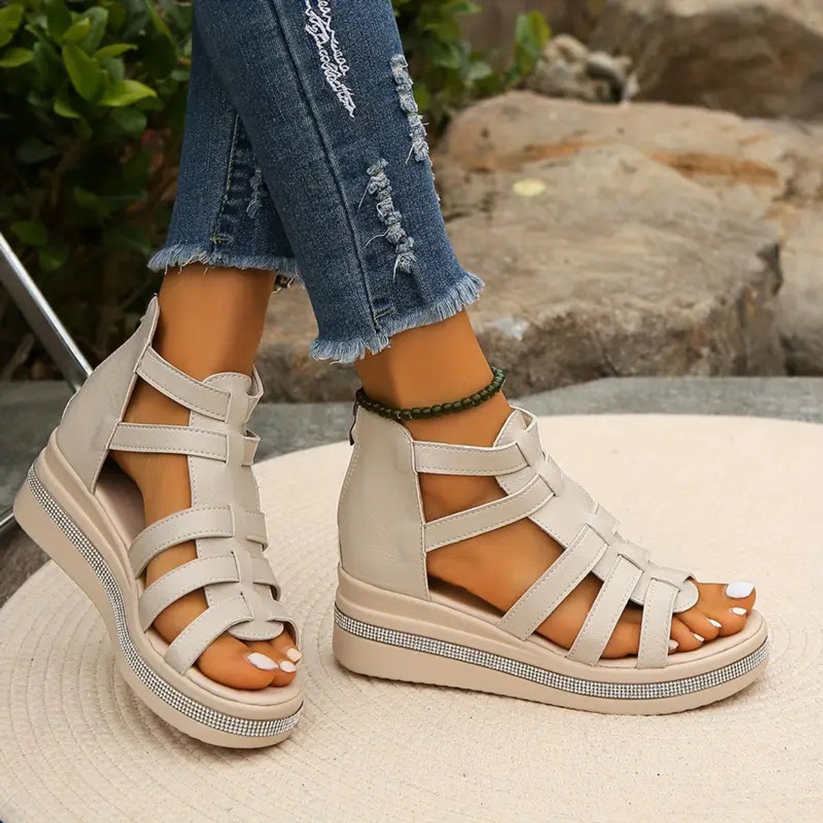 Women's Orthopedic Gladiator Comfort Sandals Arch-Support Platform - Beige