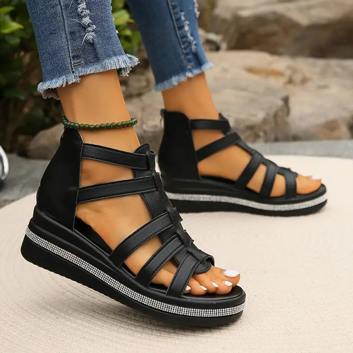 Women's Orthopedic Gladiator Comfort Sandals Arch-Support Platform - Black