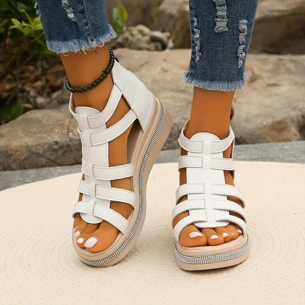 Women's Orthopedic Gladiator Comfort Sandals Arch-Support Platform - White