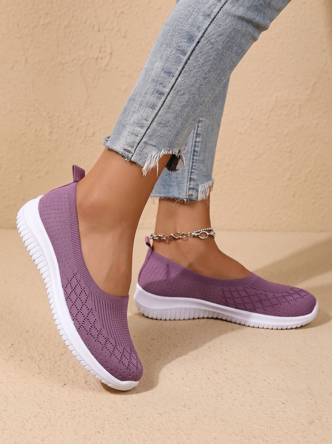 Women's Orthopedic Knit Slip-On Flat Sneakers Removable Insole - Purple
