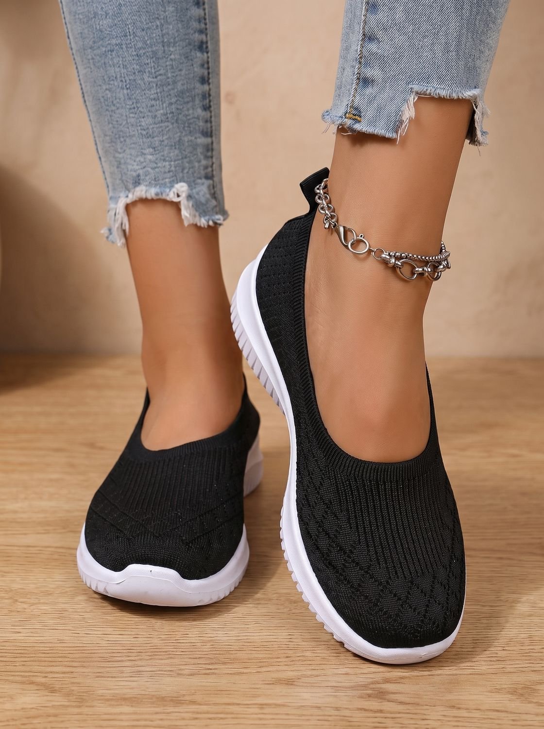 Women's Orthopedic Knit Slip-On Flat Sneakers Removable Insole - Black