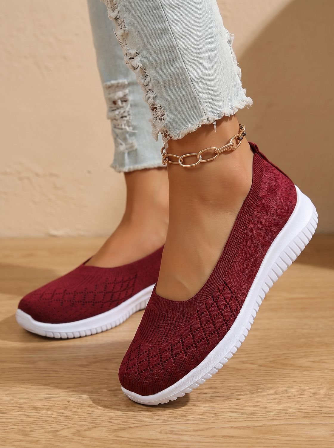 Women's Orthopedic Knit Slip-On Flat Sneakers Removable Insole - Red