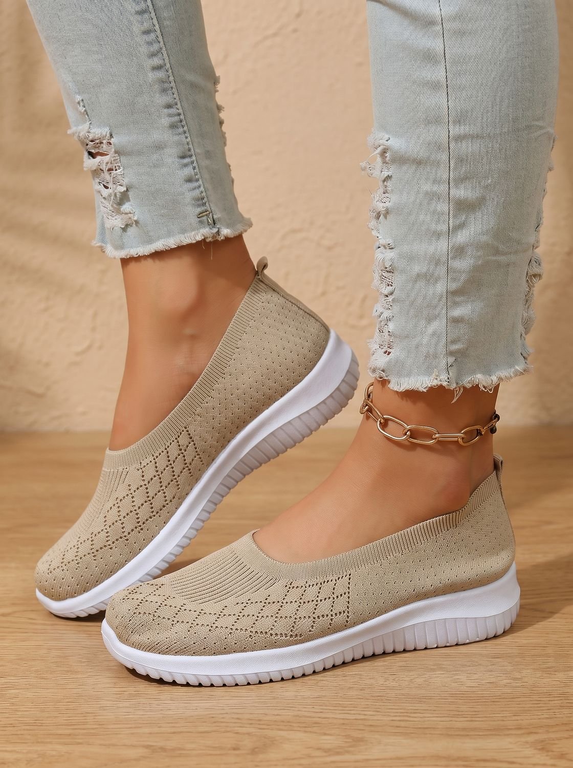Women's Orthopedic Knit Slip-On Flat Sneakers Removable Insole - Apricot