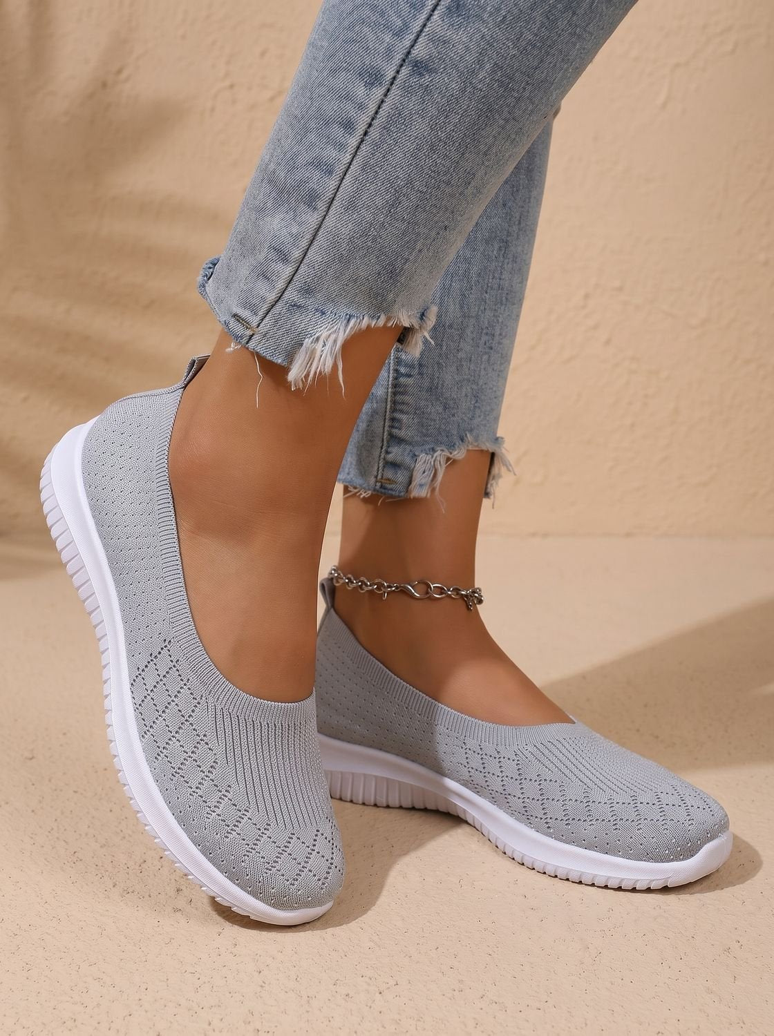 Women's Orthopedic Knit Slip-On Flat Sneakers Removable Insole - Gray