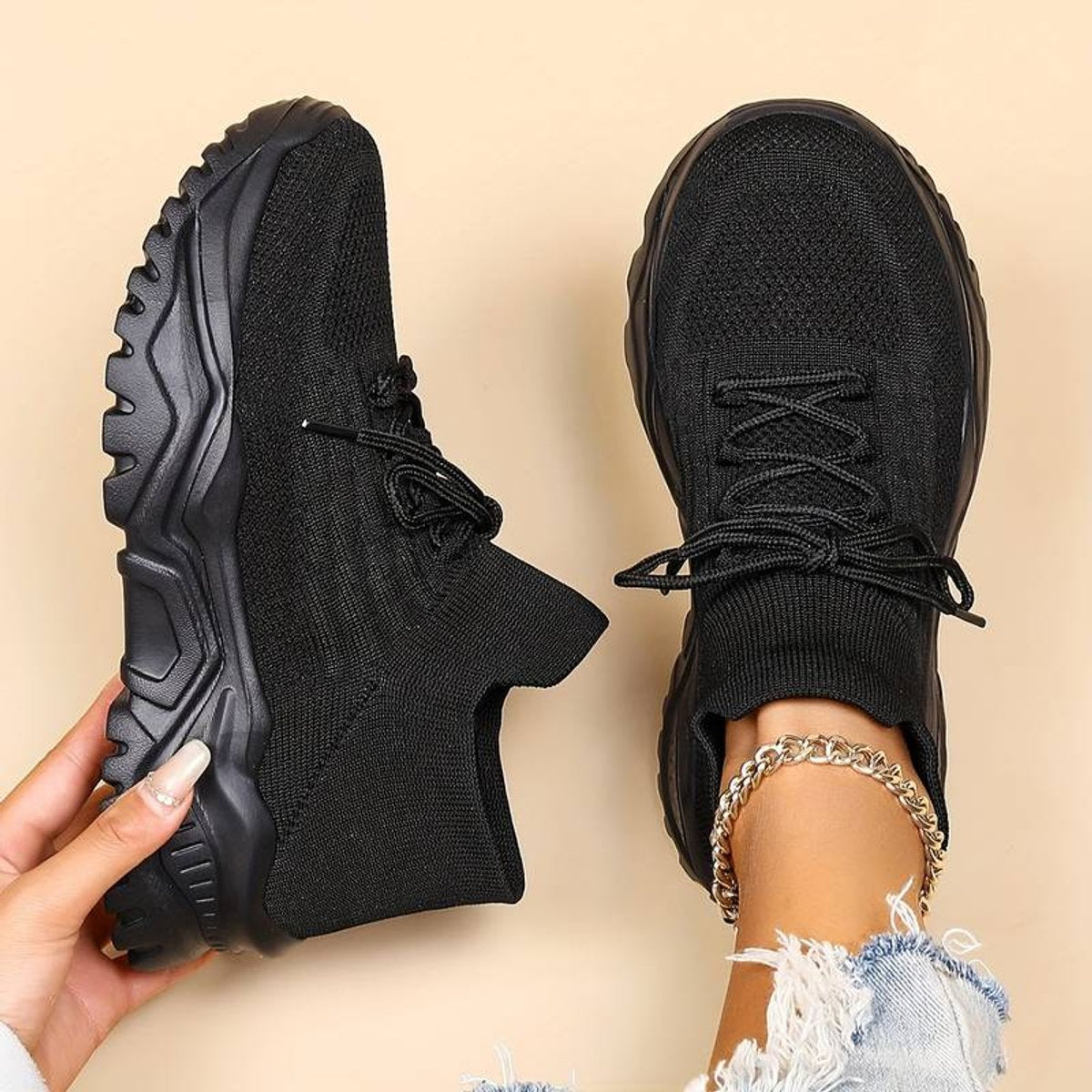 Women's Orthopedic Lace-Up Comfort Sneakers Breathable Knit - Black