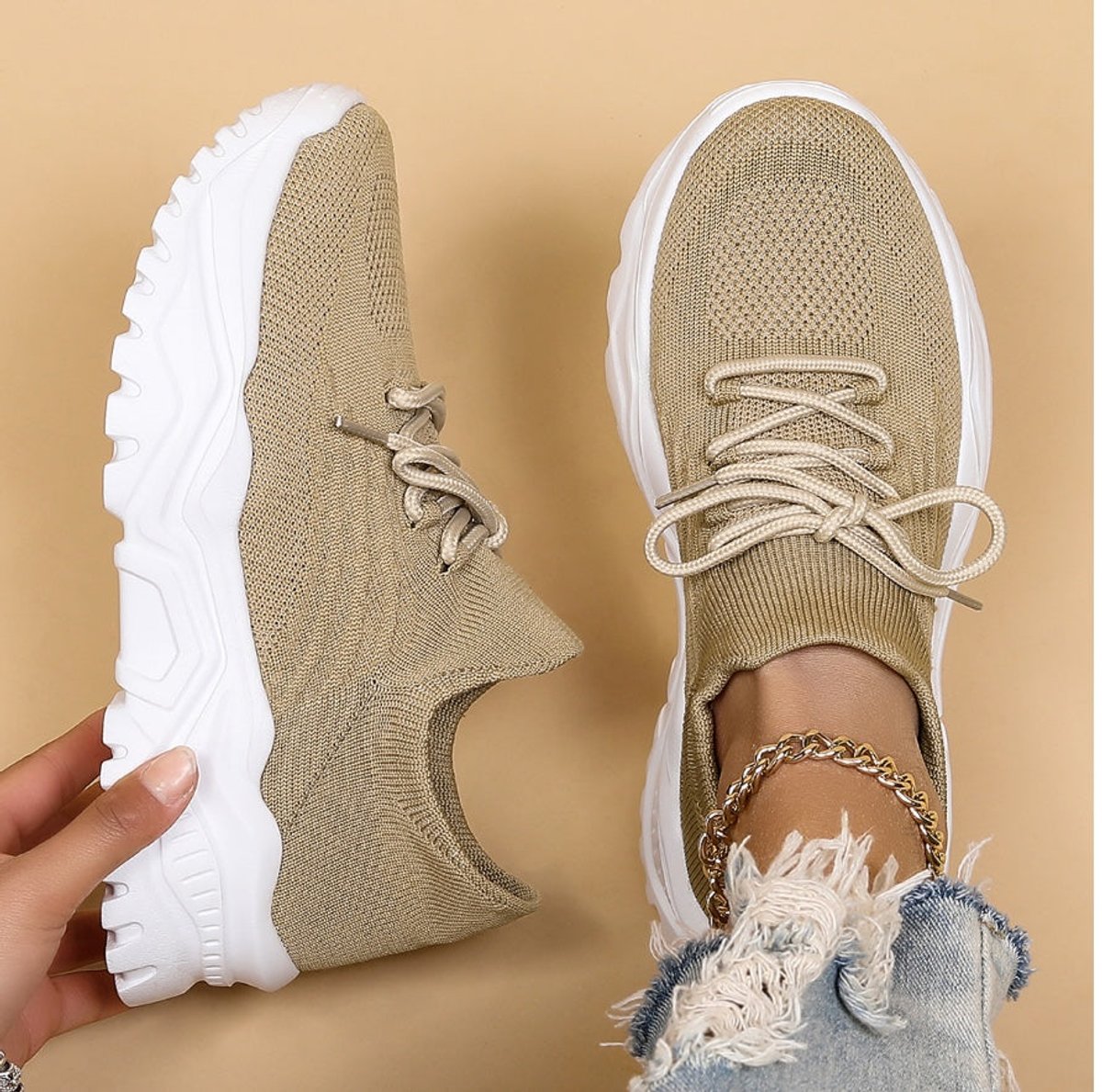 Women's Orthopedic Lace-Up Comfort Sneakers Breathable Knit - Beige