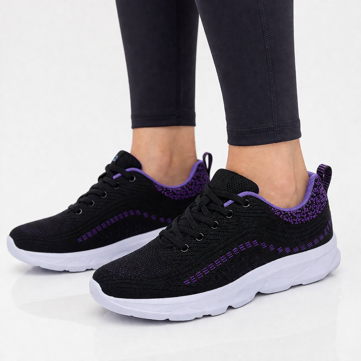 Women's Orthopedic Lace-Up Comfort Sneakers Memory-Foam Walking Shoes - Black Purple