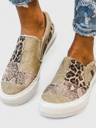 Women's Orthopedic Loafers Slip-On Canvas Animal Print - Khaki