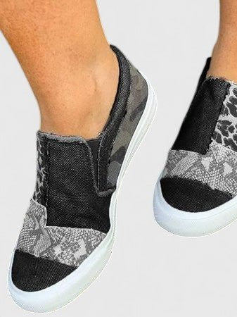 Women's Orthopedic Loafers Slip-On Canvas Animal Print - Black