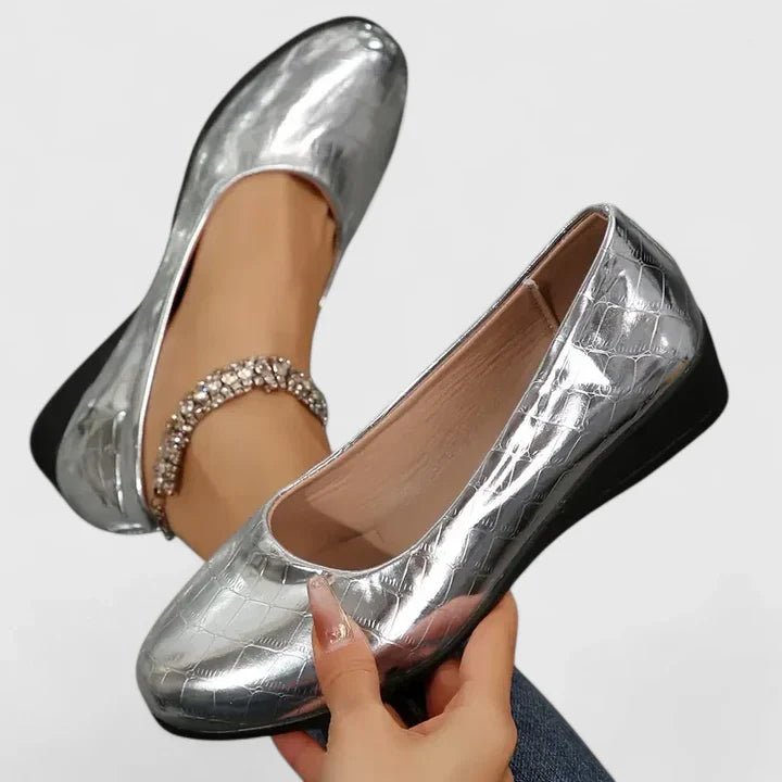 Women's Orthopedic Memory-Foam Crocodile-Print Slip-On Flats - Silver