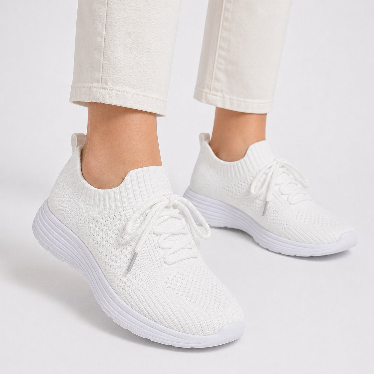 Women's Orthopedic Memory-Foam Lace-Up Comfort Sneakers - White