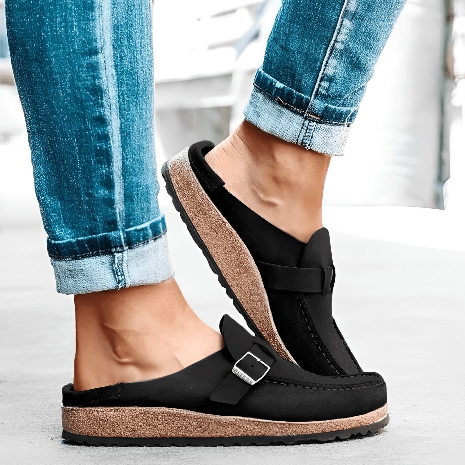 Women's Orthopedic Mules Slip-On Comfort Buckle Detail - Black
