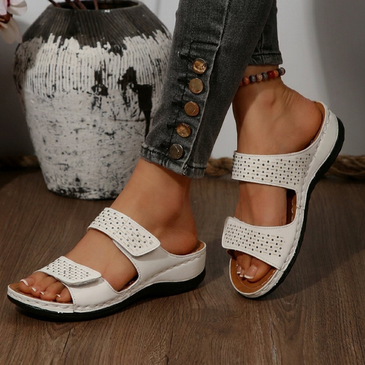 Women's Orthopedic Rhinestone Slip-On Comfort Sandals - White