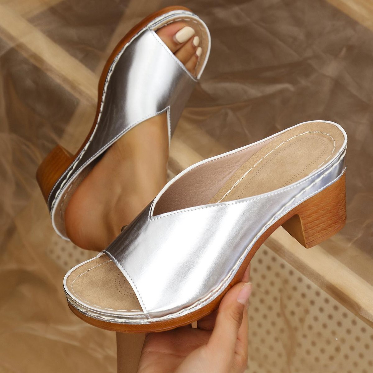 Women's Orthopedic Slip-On Block Heel Comfort Sandals Open Toe - Silver