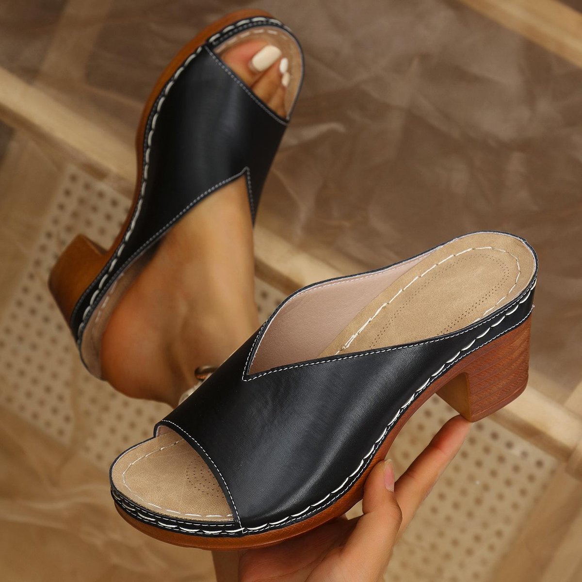 Women's Orthopedic Slip-On Block Heel Comfort Sandals Open Toe - Black