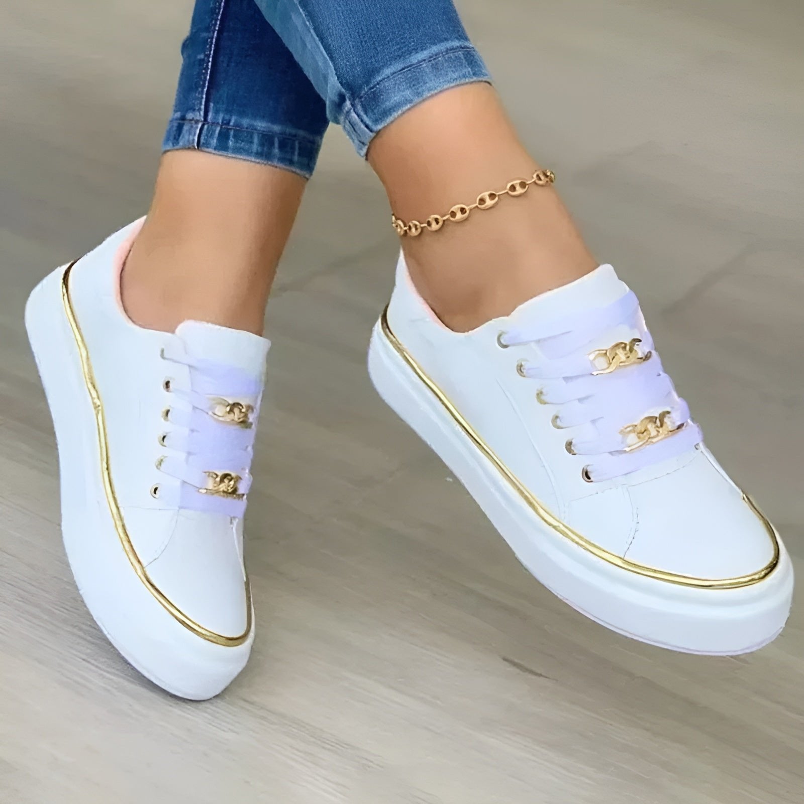 Women's Orthopedic Sneakers Lace-Up Platform Chain Detail - White (almost sold out)