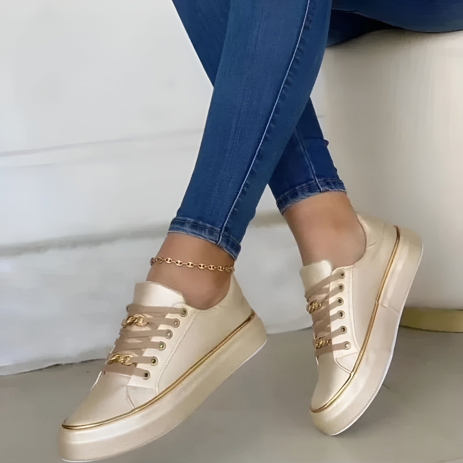 Women's Orthopedic Sneakers Lace-Up Platform Chain Detail - Gold