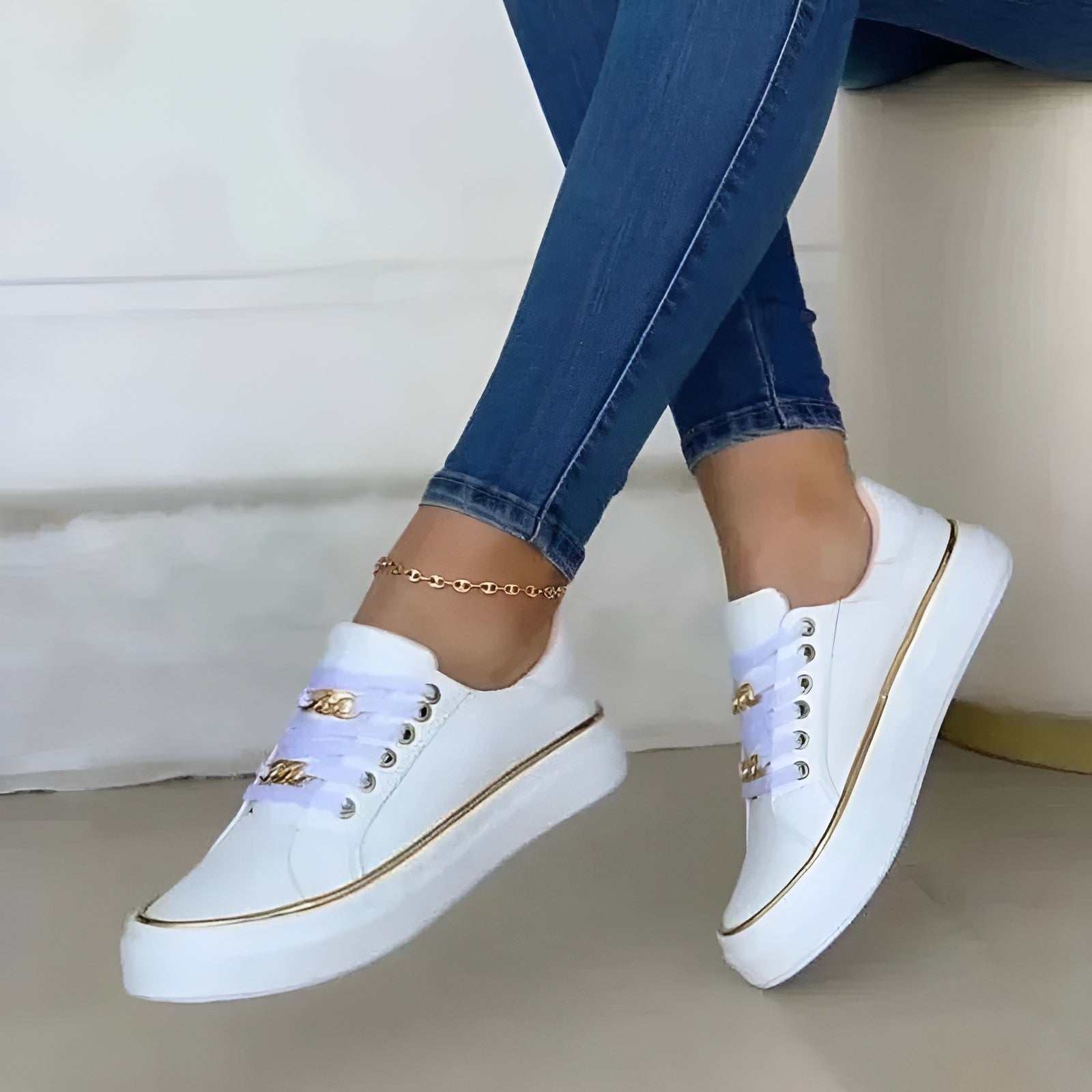 Women's Orthopedic Sneakers Lace-Up Platform Chain Detail