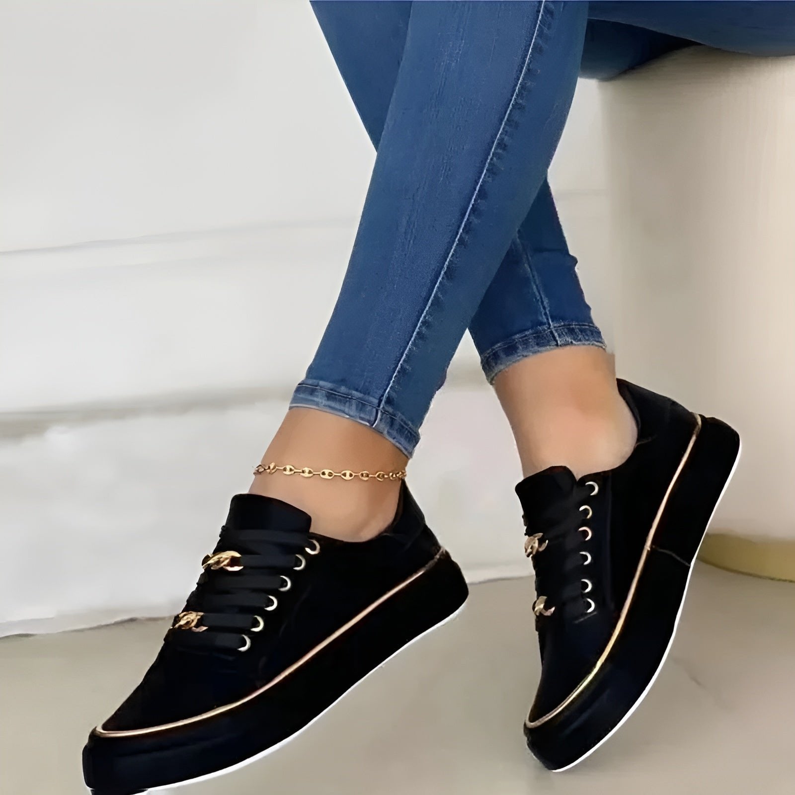 Women's Orthopedic Sneakers Lace-Up Platform Chain Detail
