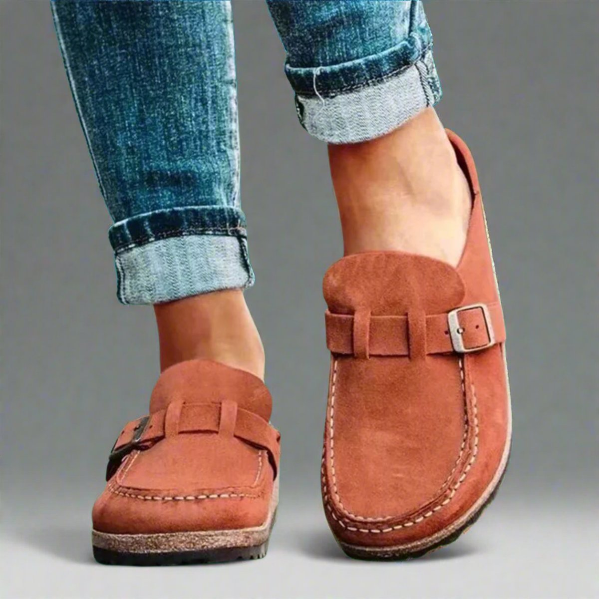 Women's Orthopedic Suede Buckle Slip-On Comfort Sandals - Orange-Red