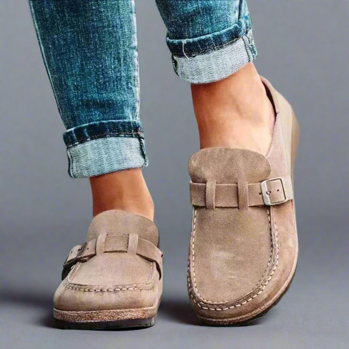 Women's Orthopedic Suede Buckle Slip-On Comfort Sandals - Khaki