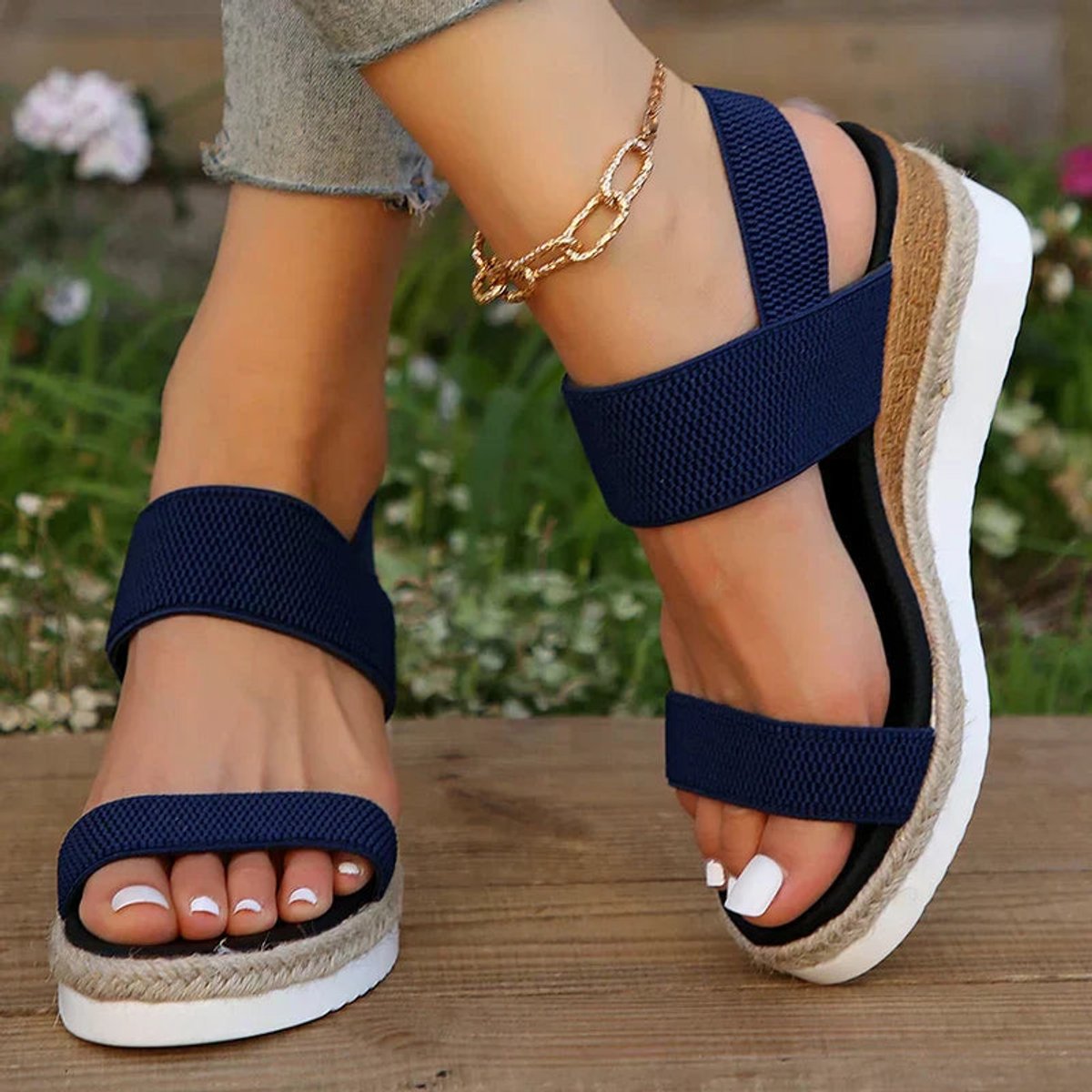 Women's Orthopedic Wedge Comfort Sandals Elastic Strap Platform - Blue