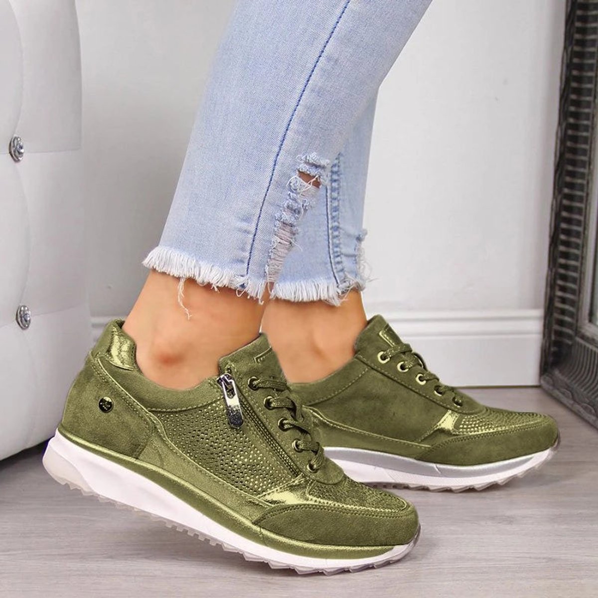 Women's Orthopedic Zip-Up Comfort Sneakers Shimmer Platform - Green