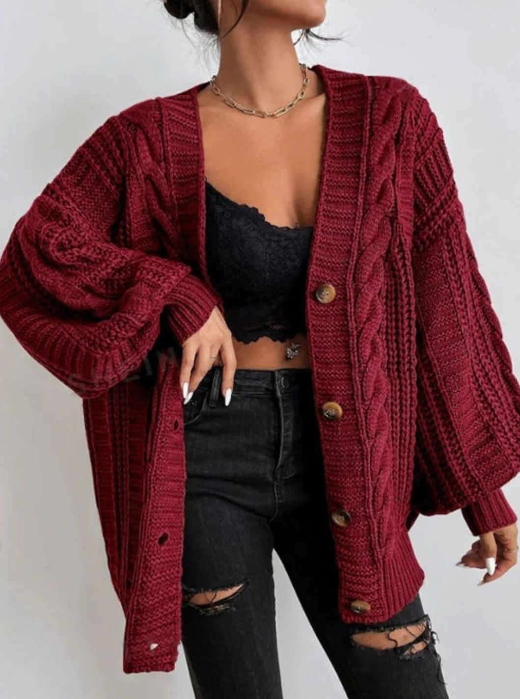 Women's Oversized Cable Knit Button-Front Cardigan - Red