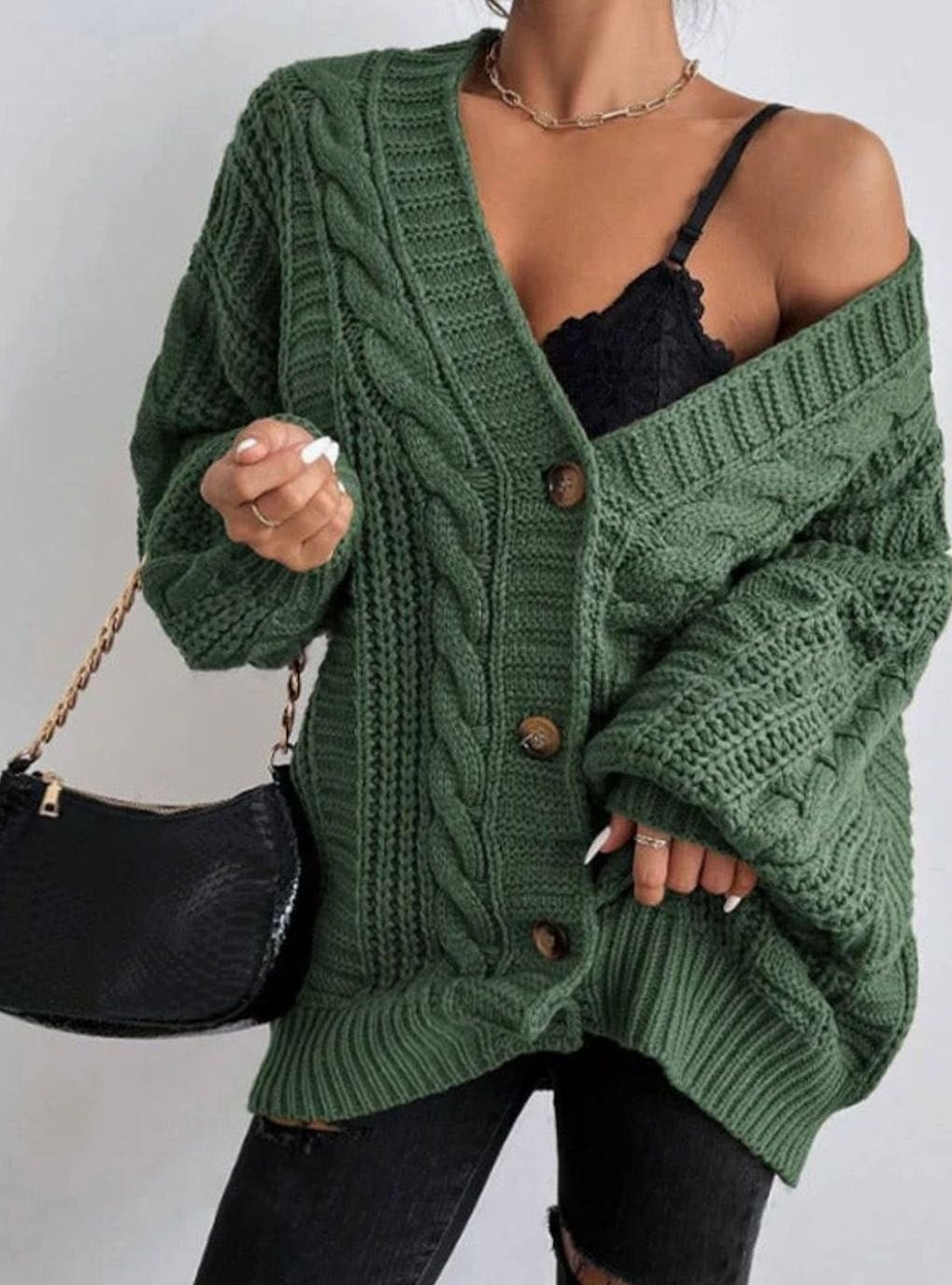 Women's Oversized Cable Knit Button-Front Cardigan - Green