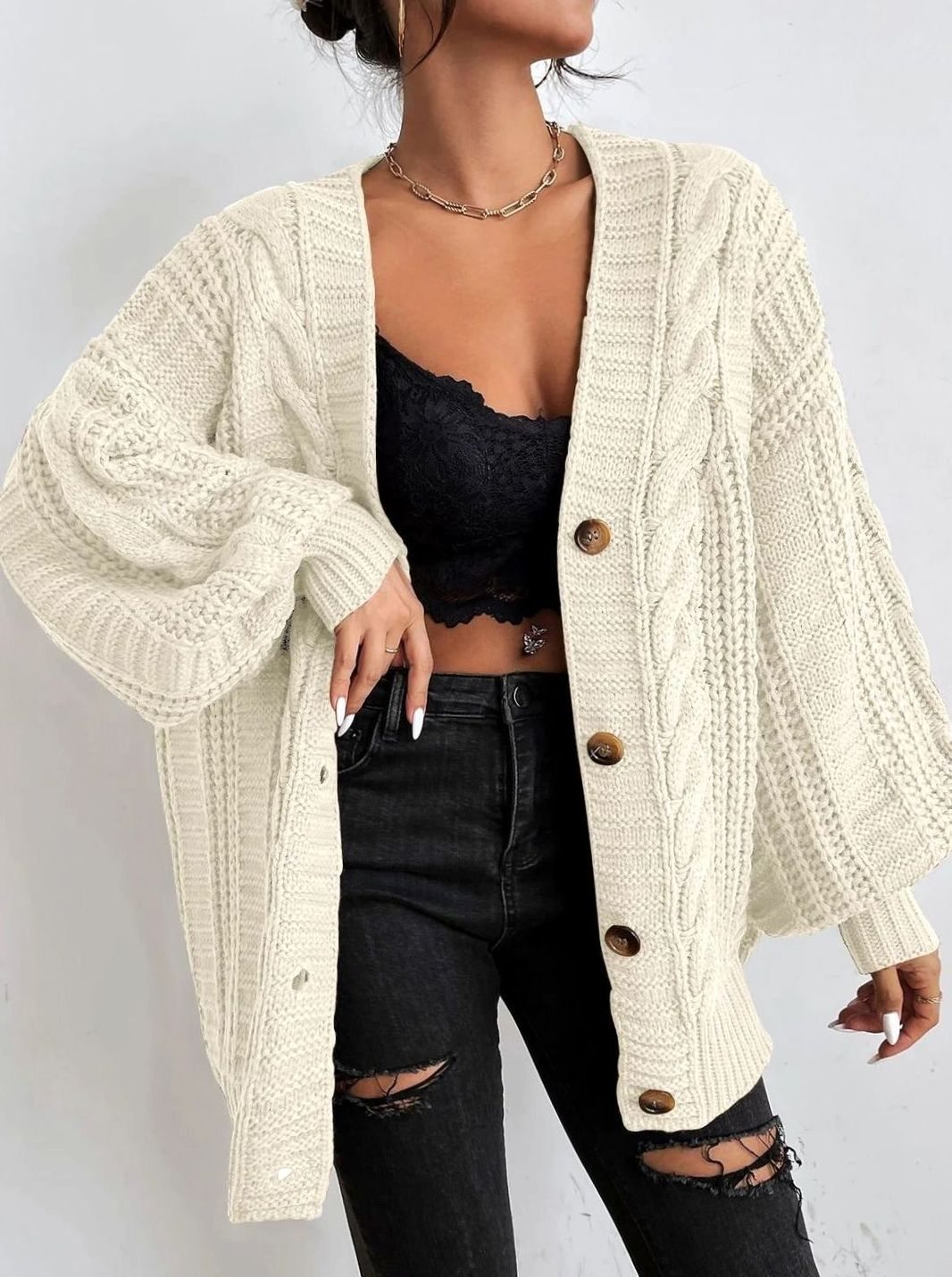 Women's Oversized Cable Knit Button-Front Cardigan - Beige