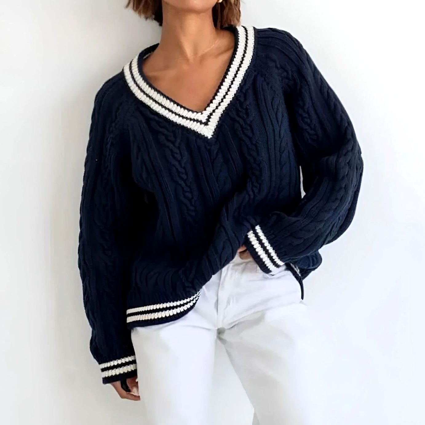 Women's Oversized Cable-Knit V-Neck Pullover Sweater - Navy Blue