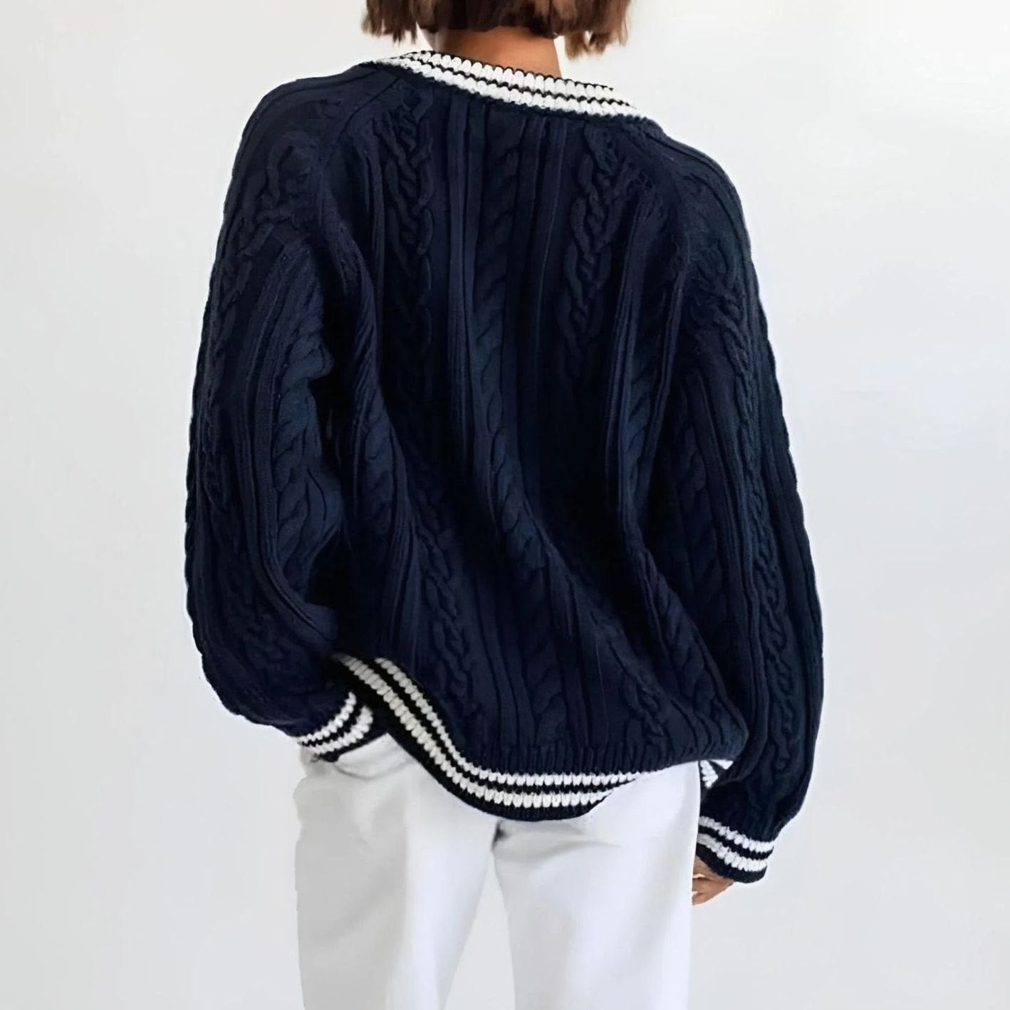 Women's Oversized Cable-Knit V-Neck Pullover Sweater