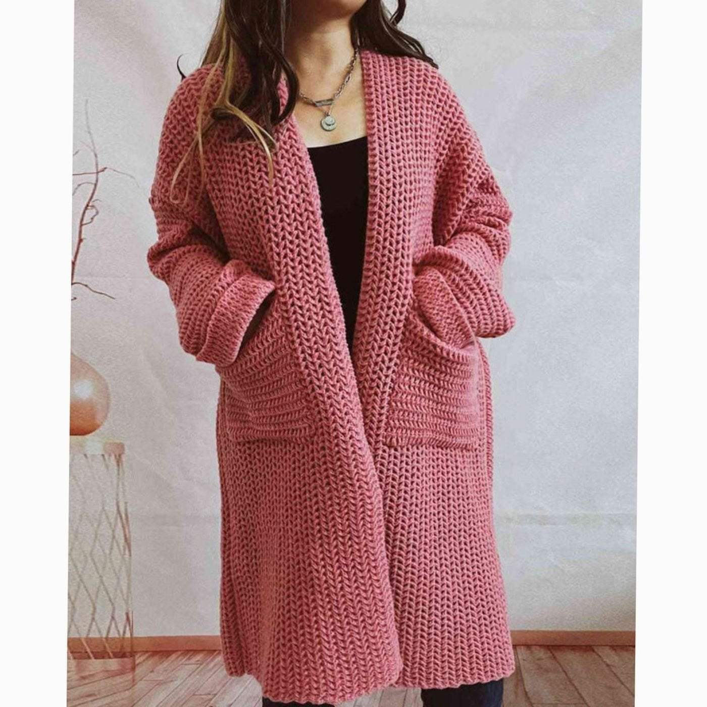 Women's Oversized Chunky Knit Open-Front Long Cardigan Patch Pockets - Dusty Pink