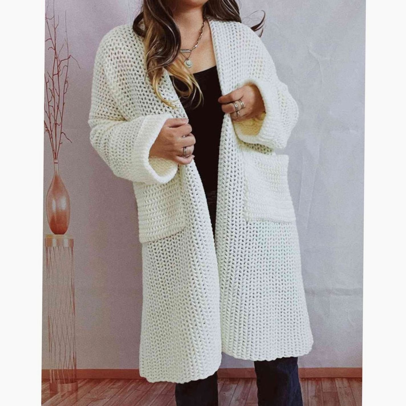 Women's Oversized Chunky Knit Open-Front Long Cardigan Patch Pockets - White