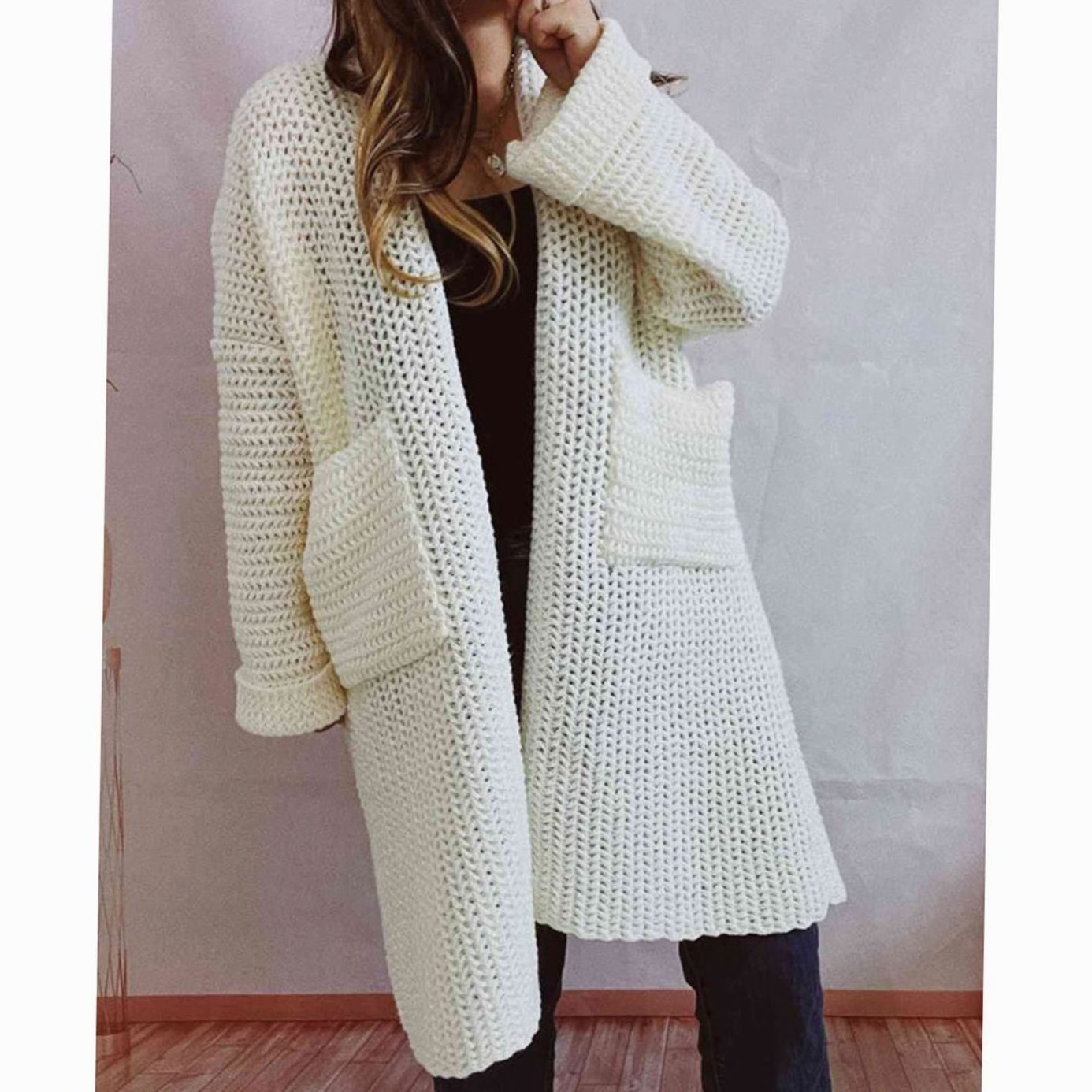 Women's Oversized Chunky Knit Open-Front Long Cardigan Patch Pockets