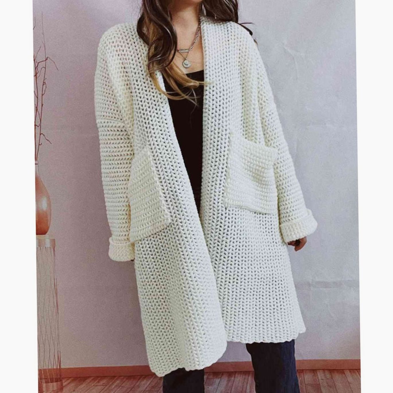 Women's Oversized Chunky Knit Open-Front Long Cardigan Patch Pockets