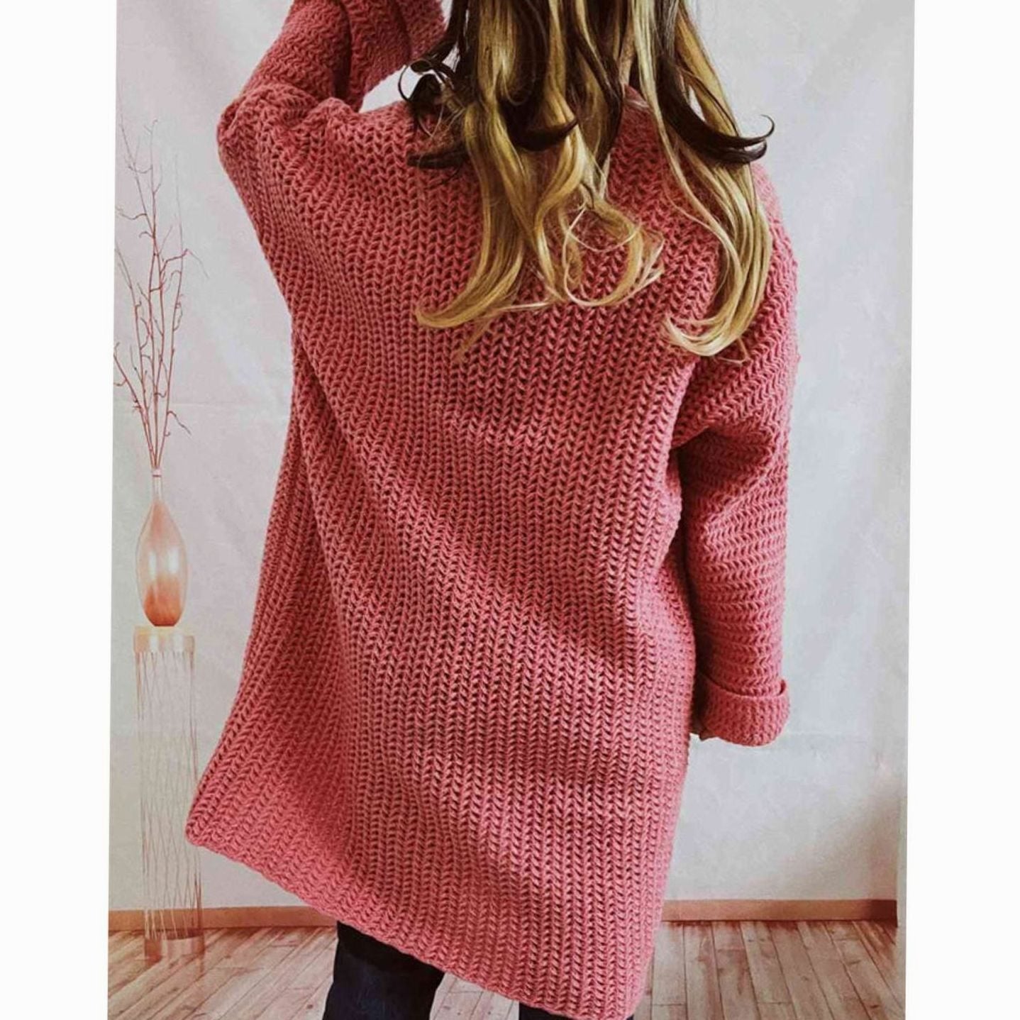 Women's Oversized Chunky Knit Open-Front Long Cardigan Patch Pockets