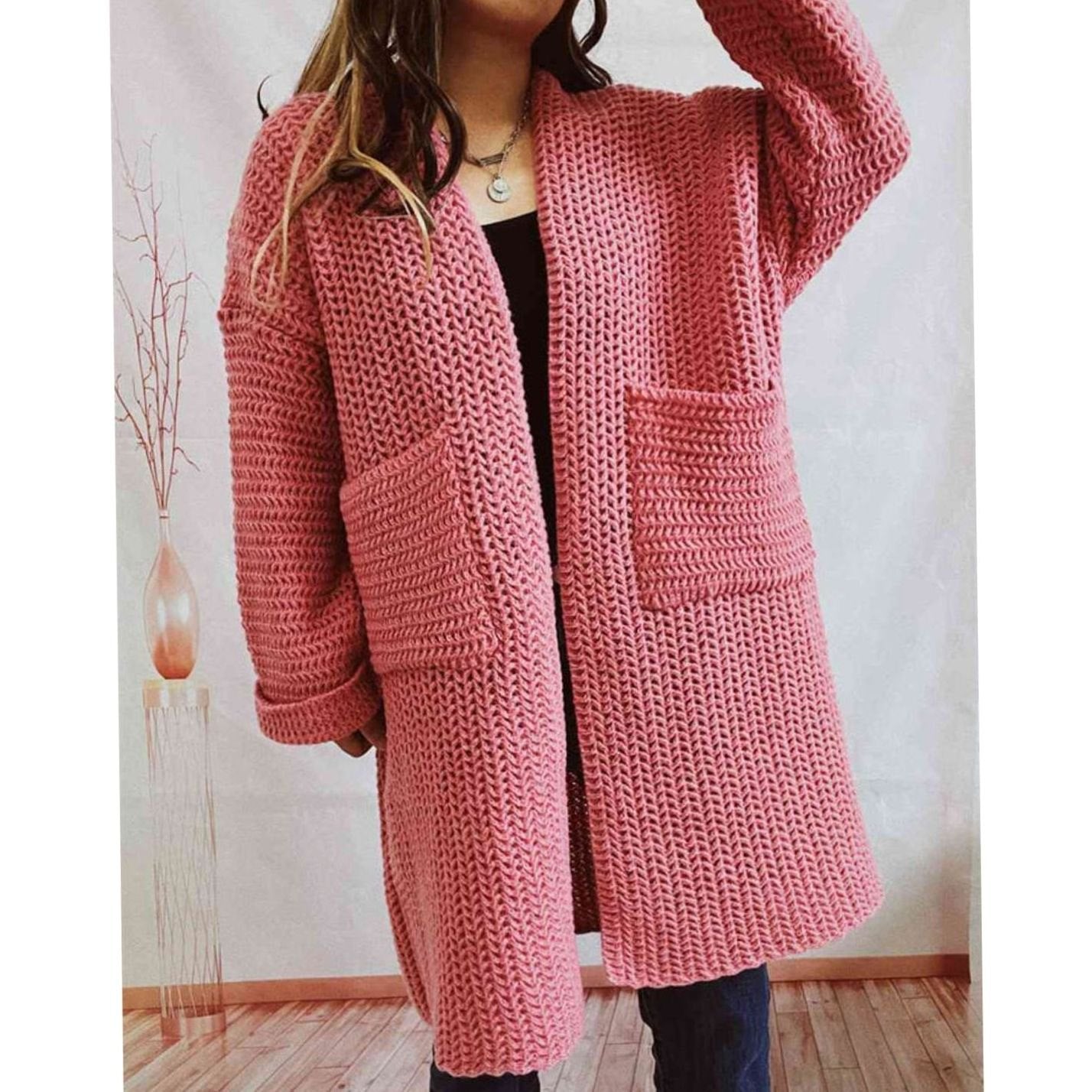 Women's Oversized Chunky Knit Open-Front Long Cardigan Patch Pockets