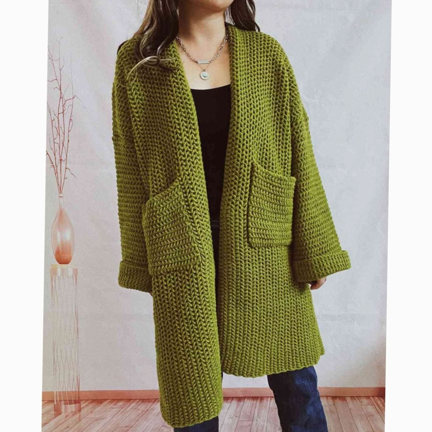 Women's Oversized Chunky Knit Open-Front Long Cardigan Patch Pockets - Moss