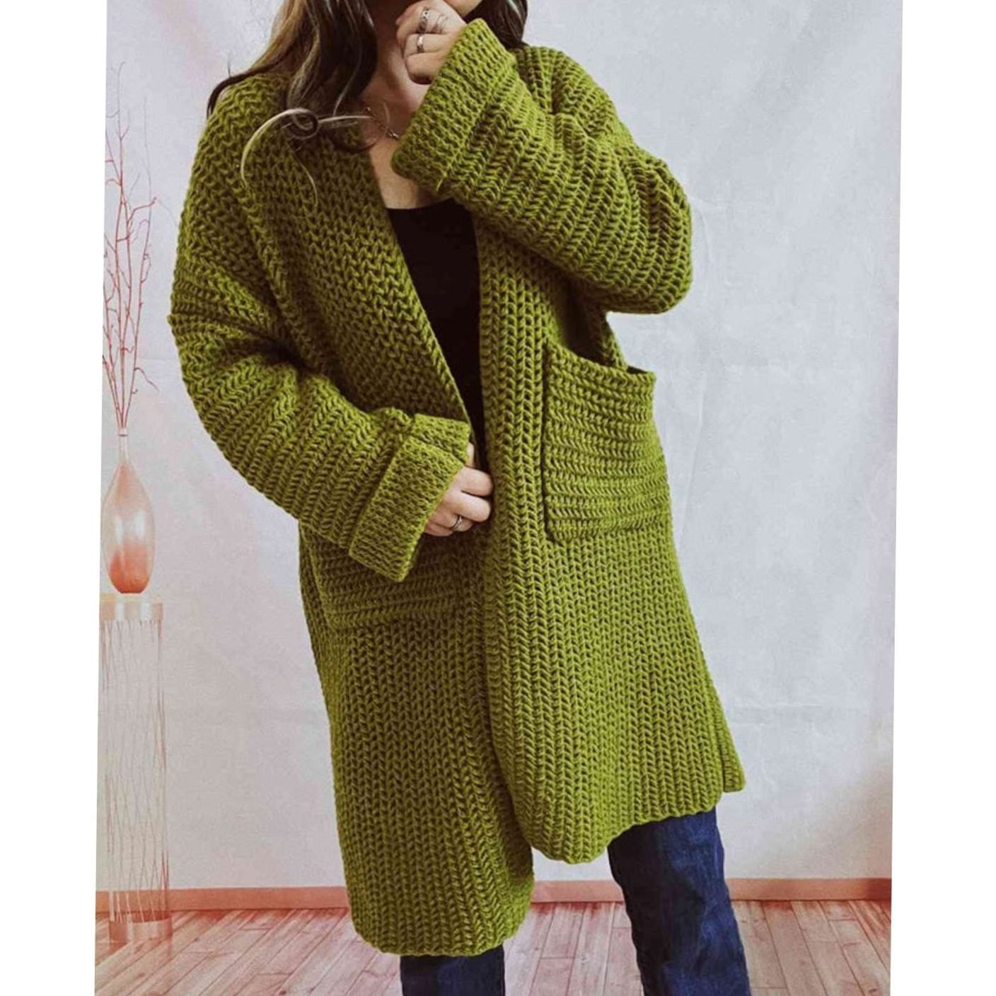 Women's Oversized Chunky Knit Open-Front Long Cardigan Patch Pockets