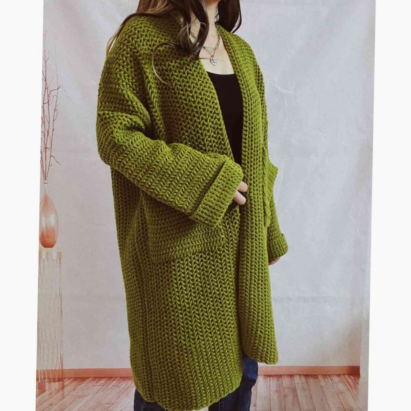 Women's Oversized Chunky Knit Open-Front Long Cardigan Patch Pockets