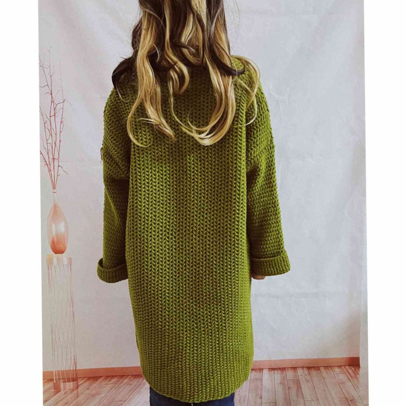 Women's Oversized Chunky Knit Open-Front Long Cardigan Patch Pockets