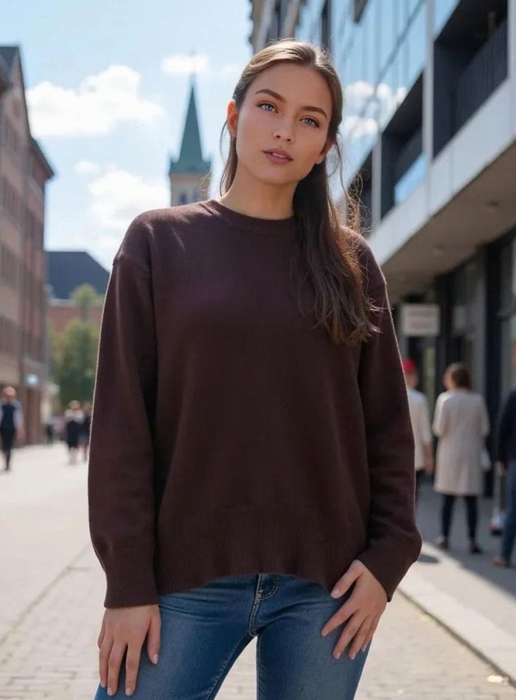Women's Oversized Crew-Neck Long-Sleeve Light Knit Sweater - Dark Brown