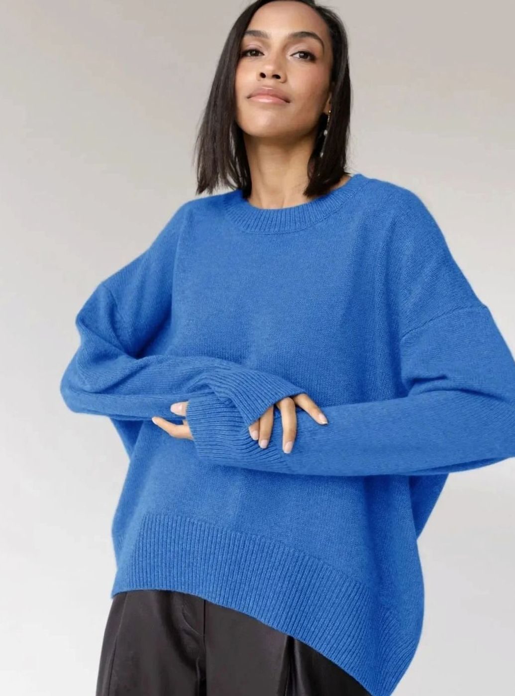Women's Oversized Crew-Neck Long-Sleeve Light Knit Sweater - Powder Blue