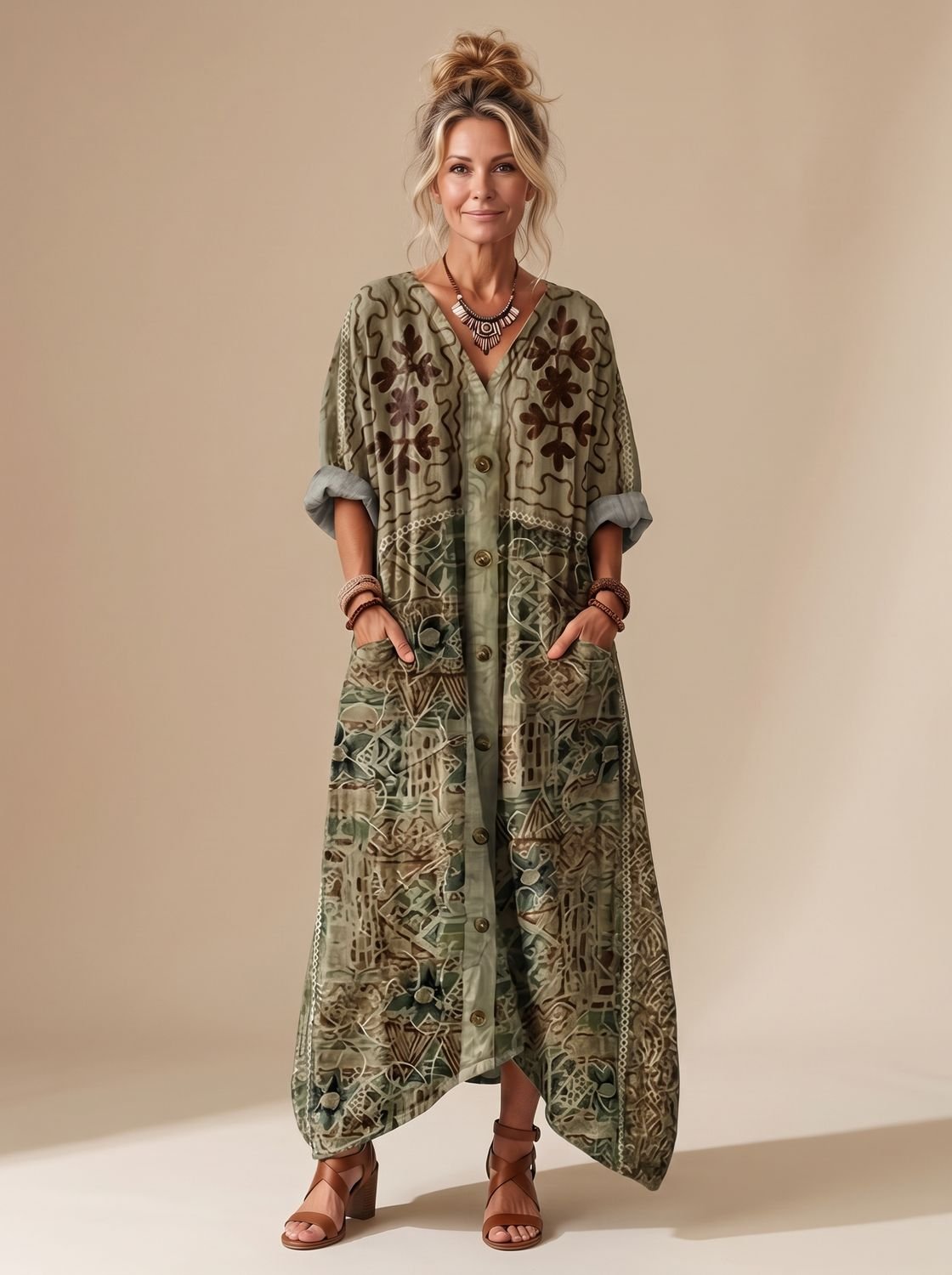 Women's Oversized Embroidered Button-Front Midi Dress Pockets - Green