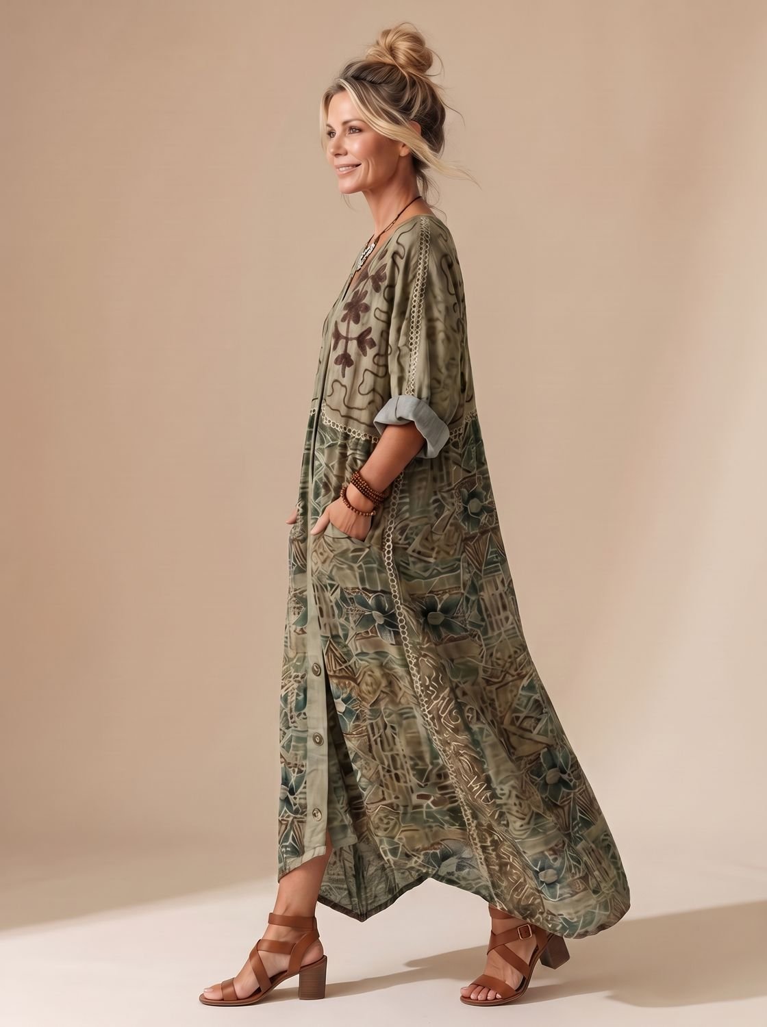 Women's Oversized Embroidered Button-Front Midi Dress Pockets